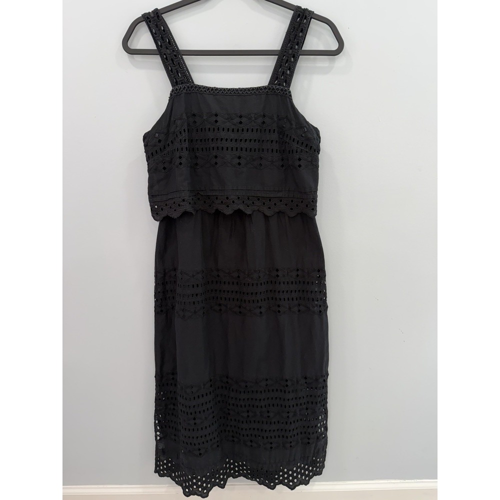 J.Crew Black Eyelet Lace Cotton Dress Size 2 Sleeveless Embroidered Midi
